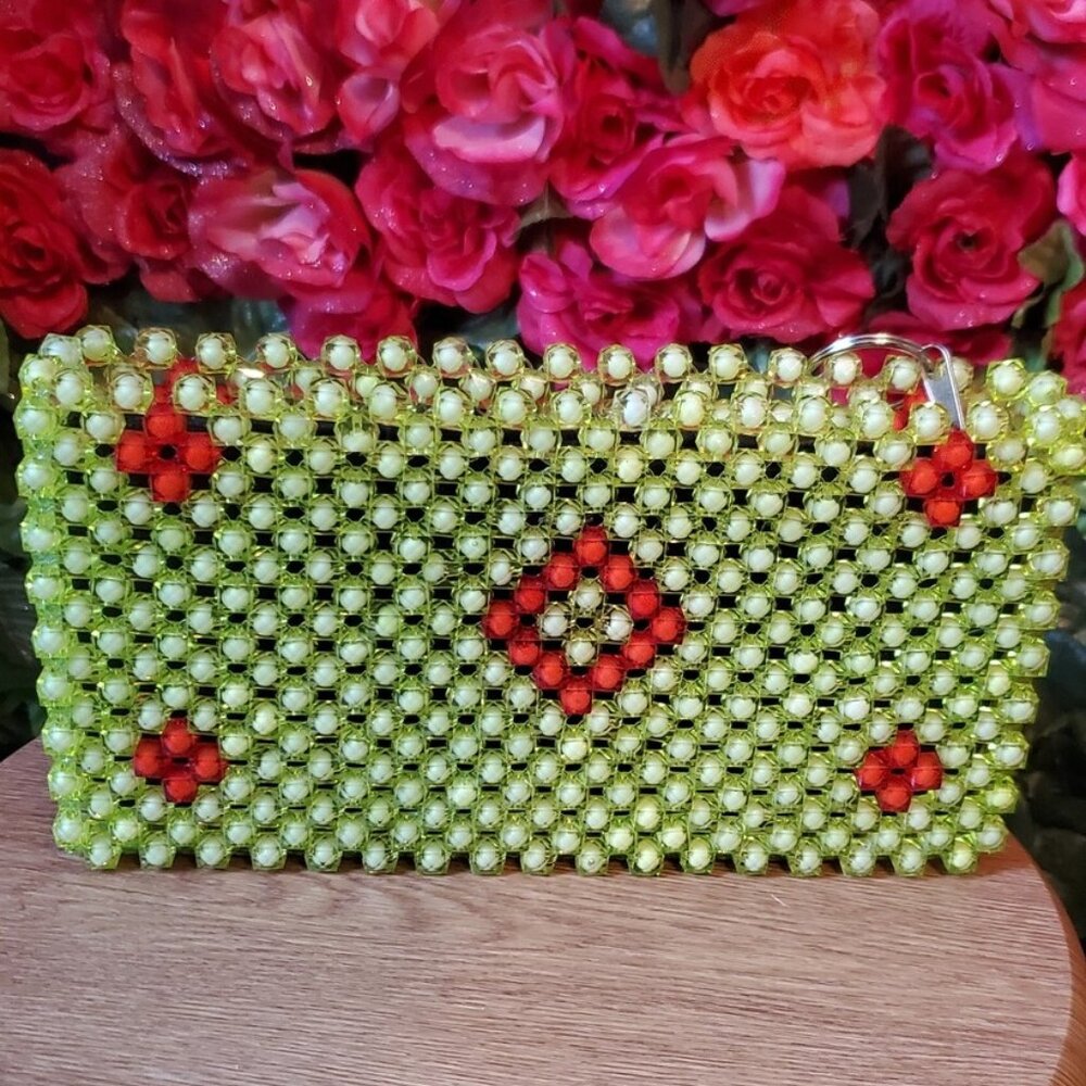 Lime Green Beaded Purse with Red Flowers and Diamond Design **Brand New**